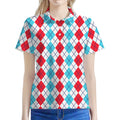 Red And Blue Argyle Pattern Print Women's Polo Shirt