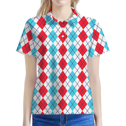 Red And Blue Argyle Pattern Print Women's Polo Shirt