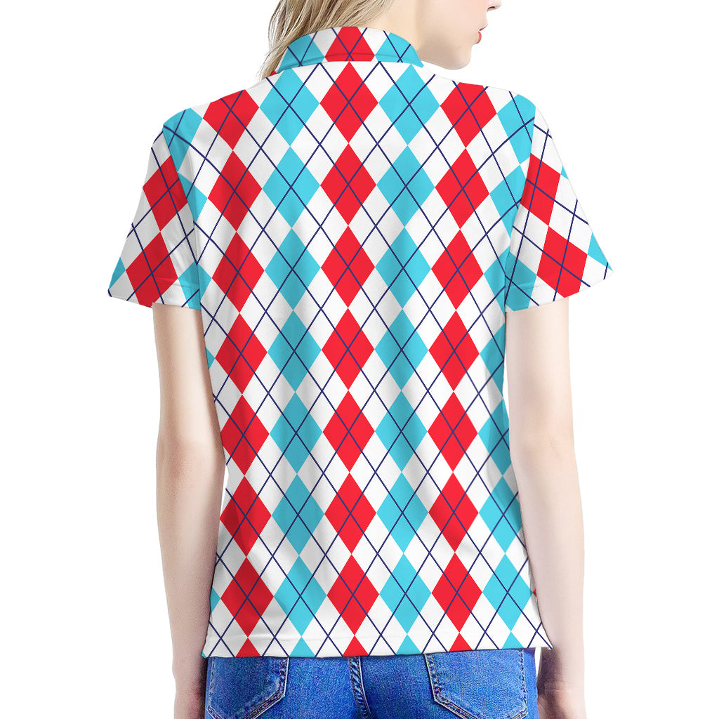Red And Blue Argyle Pattern Print Women's Polo Shirt