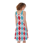 Red And Blue Argyle Pattern Print Women's Sleeveless Dress