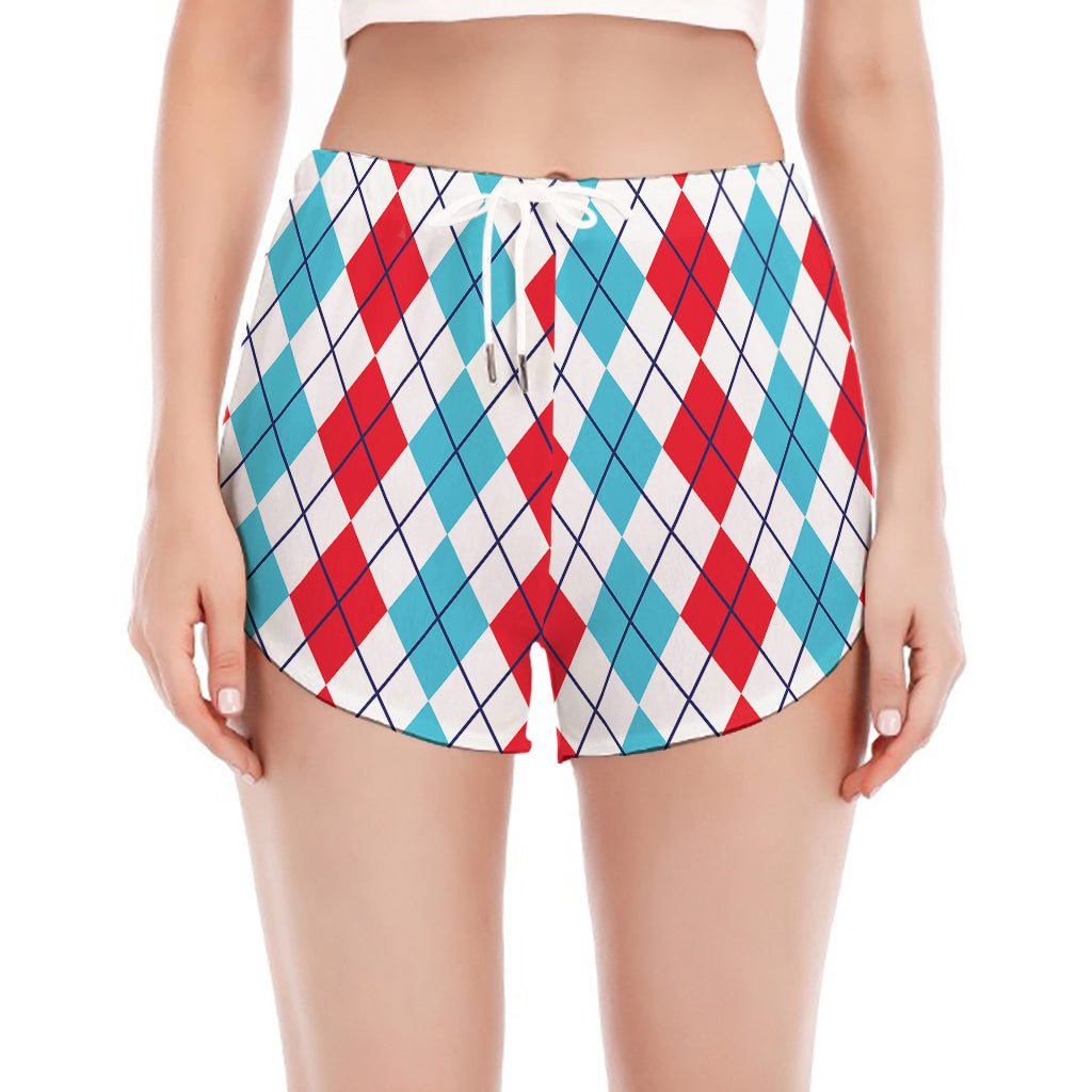 Red And Blue Argyle Pattern Print Women's Split Running Shorts