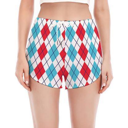 Red And Blue Argyle Pattern Print Women's Split Running Shorts
