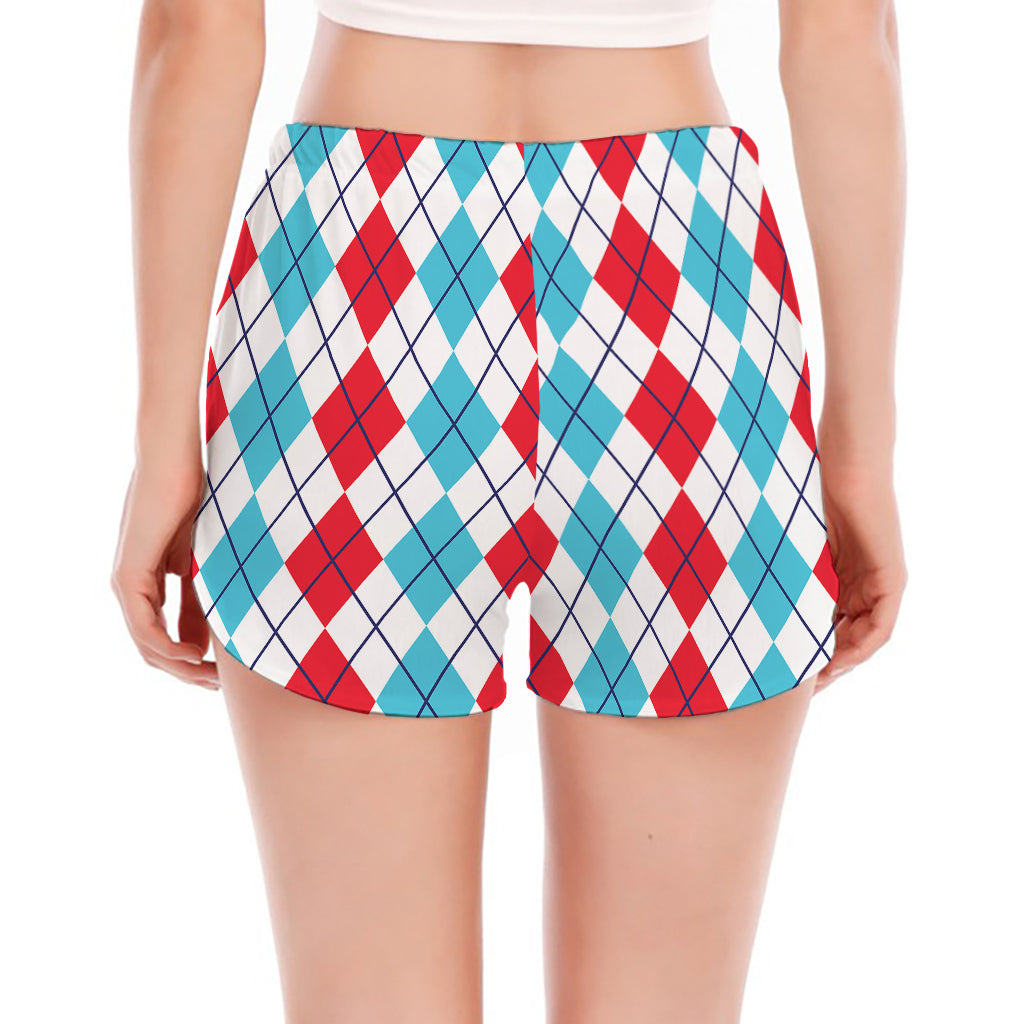 Red And Blue Argyle Pattern Print Women's Split Running Shorts