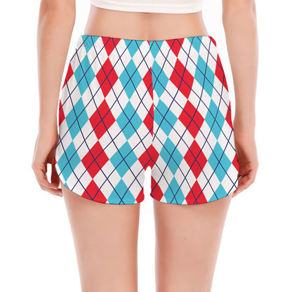Red And Blue Argyle Pattern Print Women's Split Running Shorts