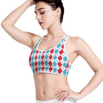 Red And Blue Argyle Pattern Print Women's Sports Bra