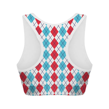 Red And Blue Argyle Pattern Print Women's Sports Bra