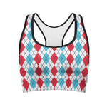 Red And Blue Argyle Pattern Print Women's Sports Bra