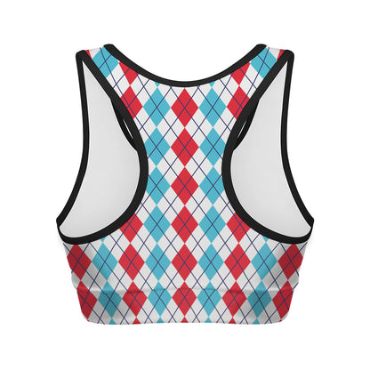 Red And Blue Argyle Pattern Print Women's Sports Bra