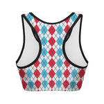 Red And Blue Argyle Pattern Print Women's Sports Bra