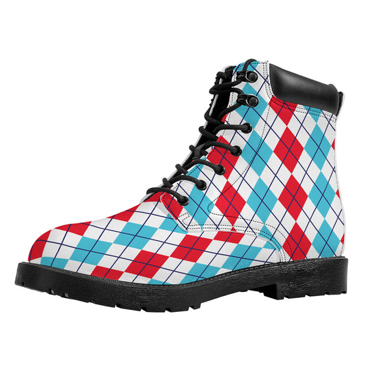 Red And Blue Argyle Pattern Print Work Boots