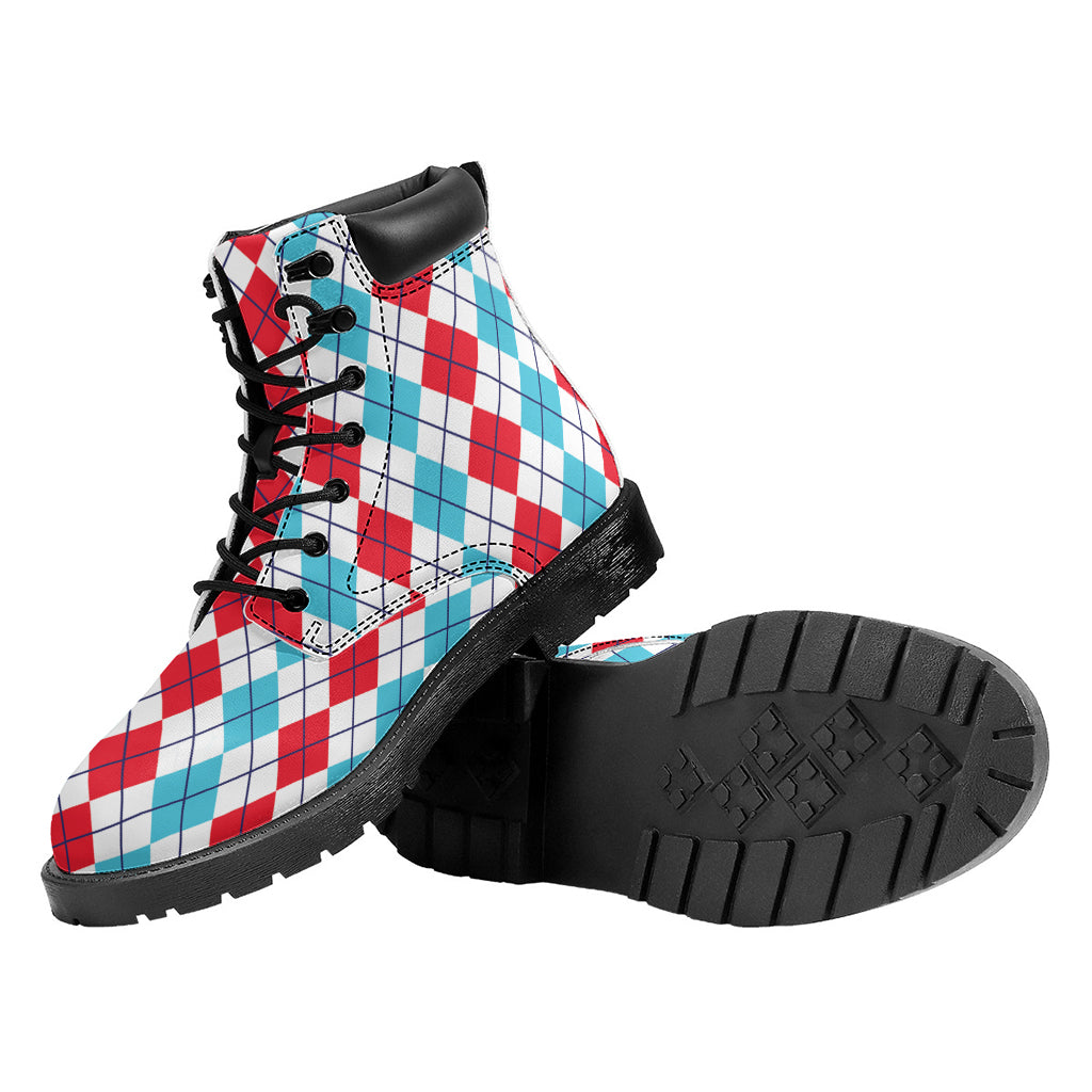 Red And Blue Argyle Pattern Print Work Boots