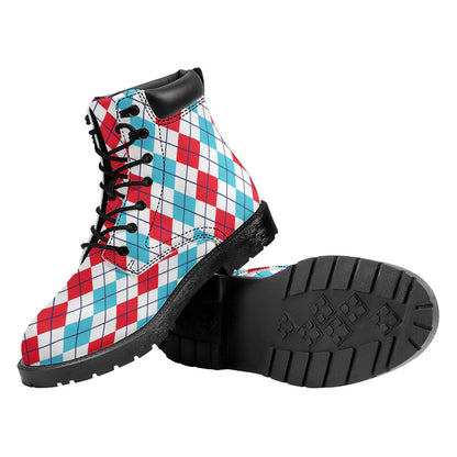 Red And Blue Argyle Pattern Print Work Boots