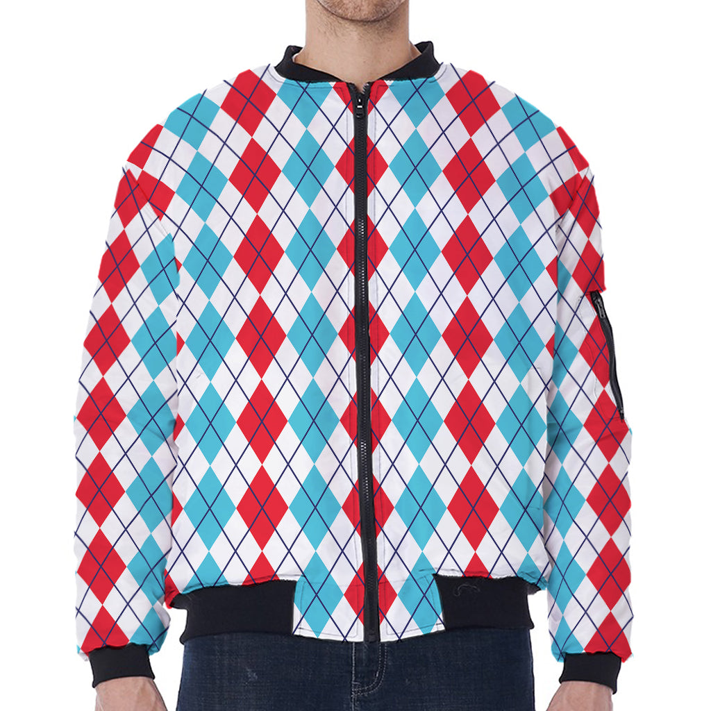 Red And Blue Argyle Pattern Print Zip Sleeve Bomber Jacket