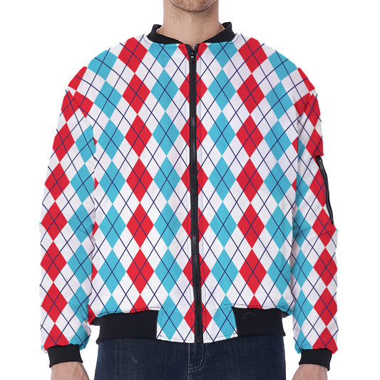 Red And Blue Argyle Pattern Print Zip Sleeve Bomber Jacket