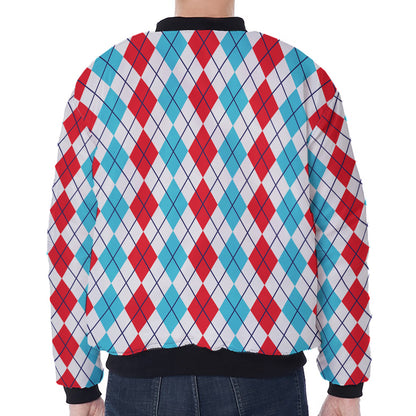 Red And Blue Argyle Pattern Print Zip Sleeve Bomber Jacket