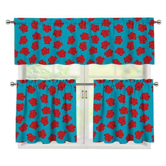 Red And Blue Carnation Pattern Print 3 Piece Kitchen Curtains