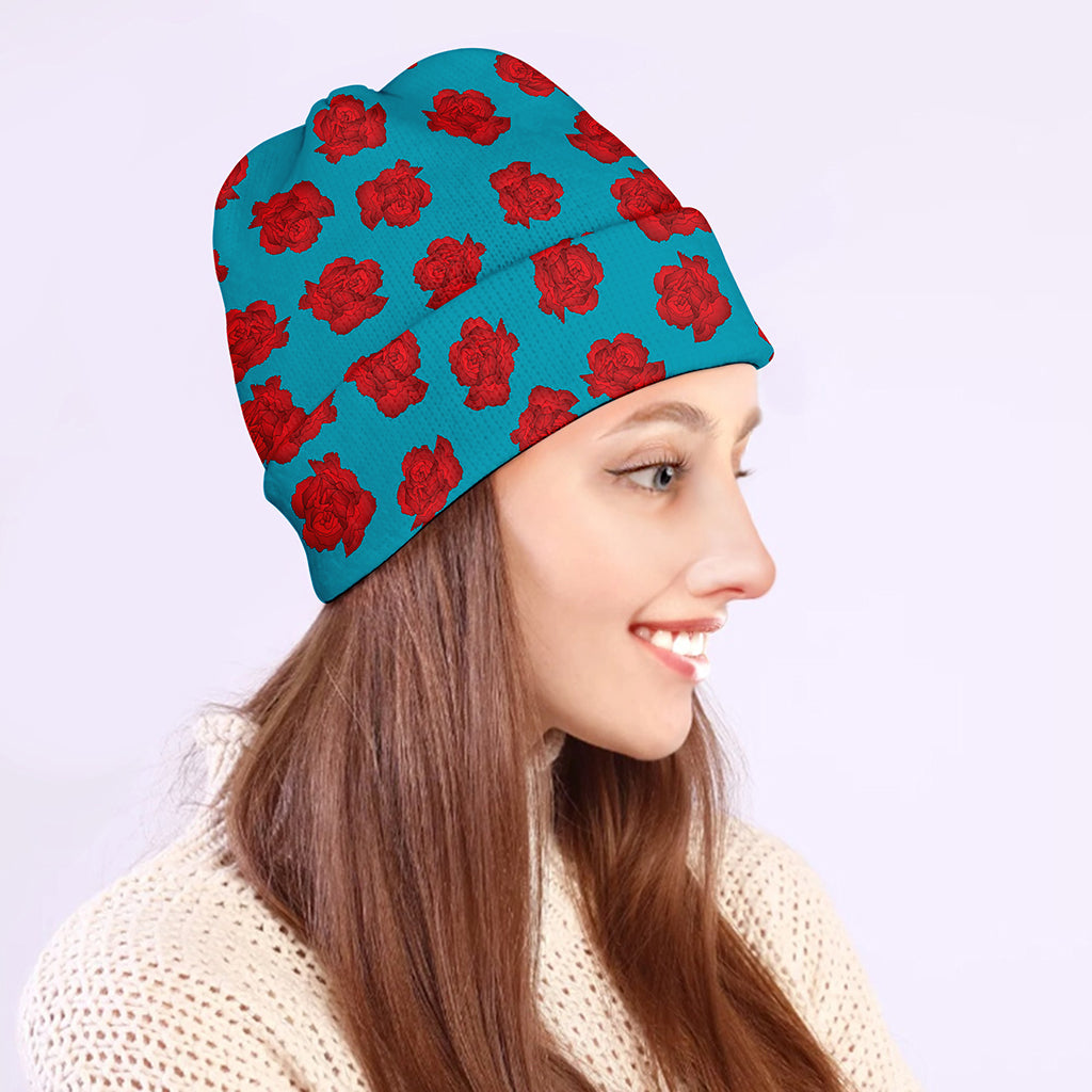 Red And Blue Carnation Pattern Print Beanie