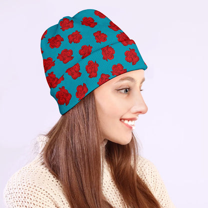 Red And Blue Carnation Pattern Print Beanie