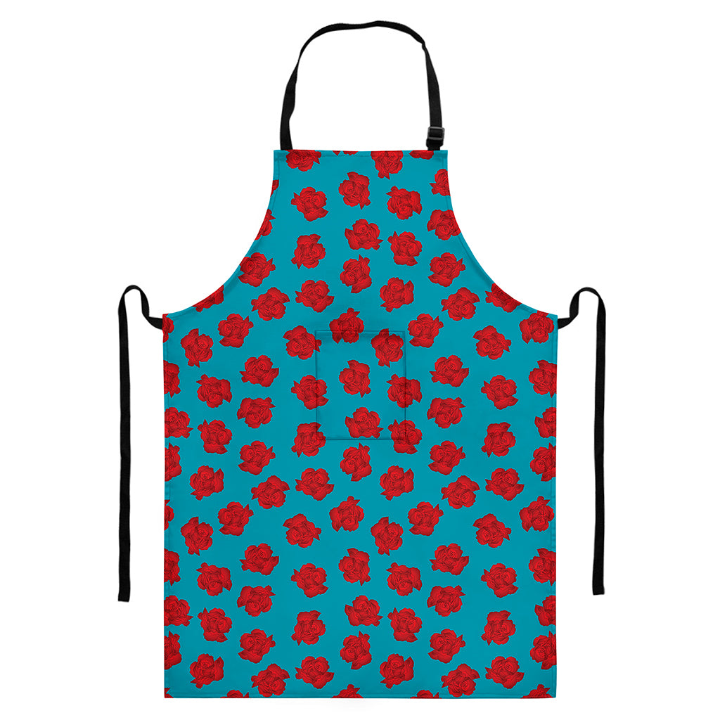 Red And Blue Carnation Pattern Print Bib Apron With Pocket