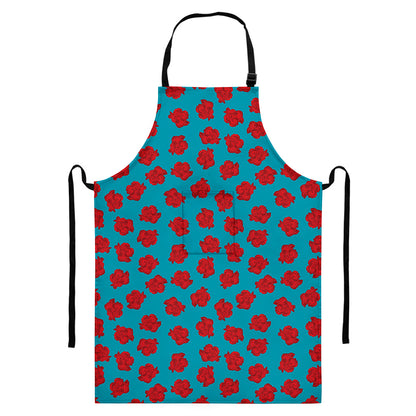 Red And Blue Carnation Pattern Print Bib Apron With Pocket