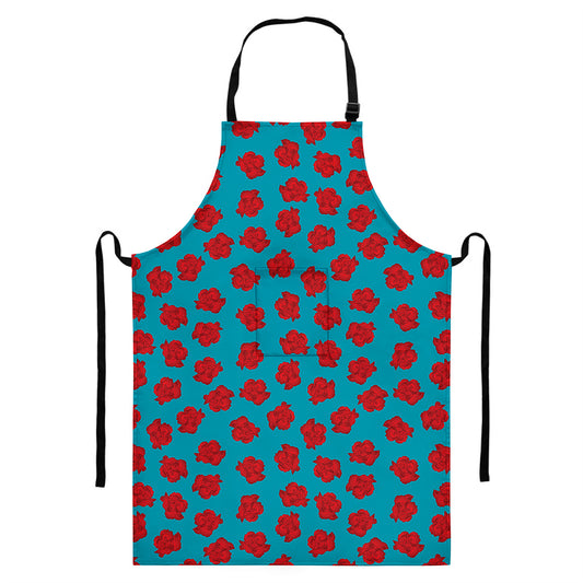 Red And Blue Carnation Pattern Print Bib Apron With Pocket