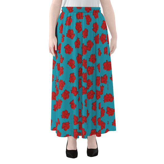 Red And Blue Carnation Pattern Print Chiffon Maxi Skirt