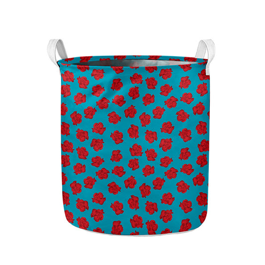 Red And Blue Carnation Pattern Print Collapsible Laundry Basket