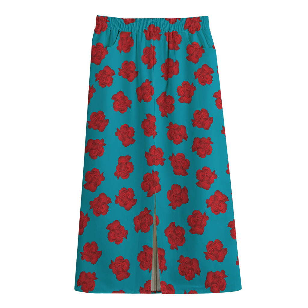 Red And Blue Carnation Pattern Print Cotton Front Slit Maxi Skirt
