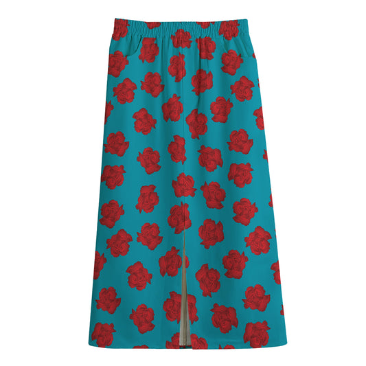 Red And Blue Carnation Pattern Print Cotton Front Slit Maxi Skirt
