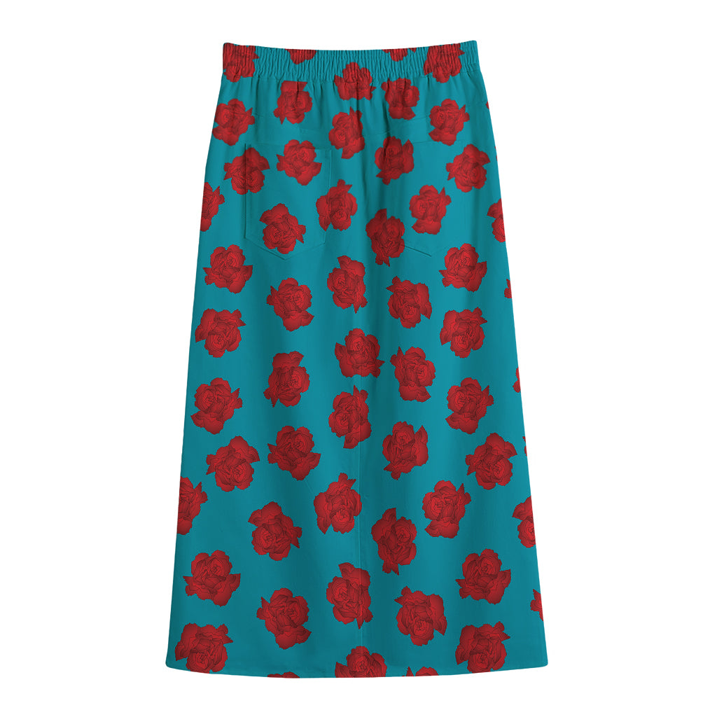 Red And Blue Carnation Pattern Print Cotton Front Slit Maxi Skirt