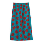 Red And Blue Carnation Pattern Print Cotton Front Slit Maxi Skirt