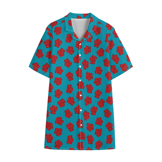 Red And Blue Carnation Pattern Print Cotton Hawaiian Shirt