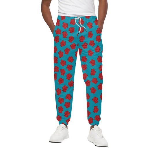 Red And Blue Carnation Pattern Print Cotton Pants
