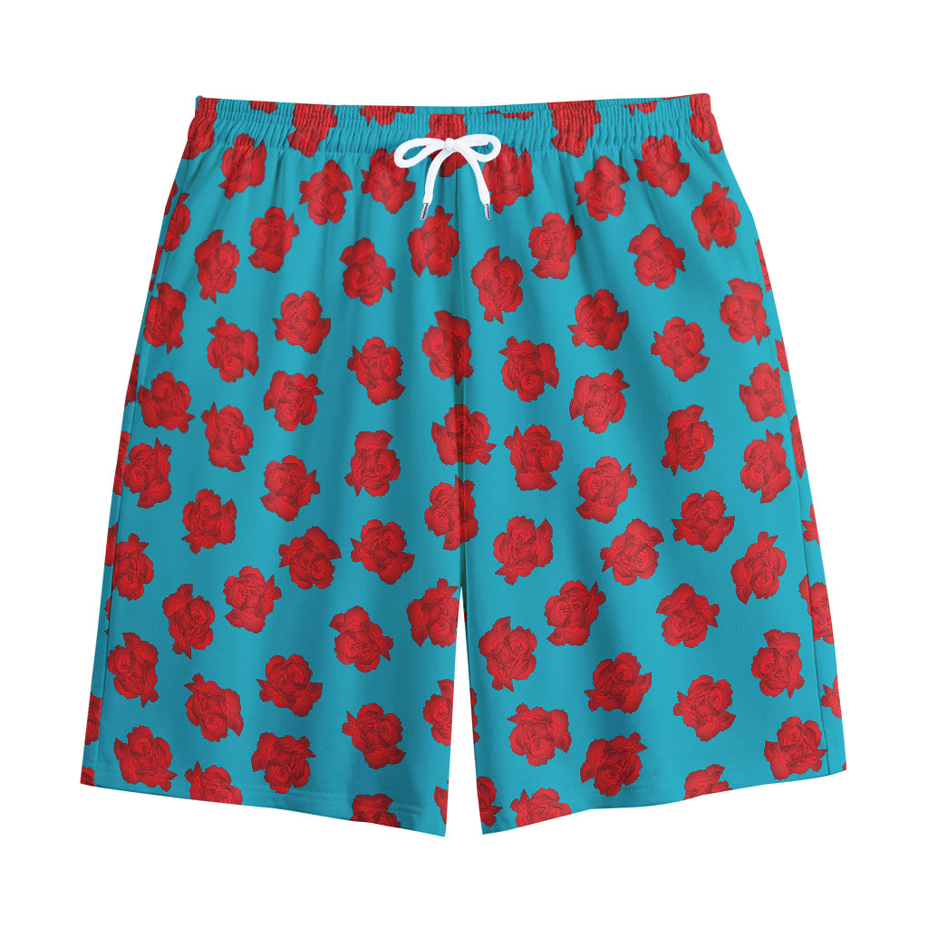 Red And Blue Carnation Pattern Print Cotton Shorts