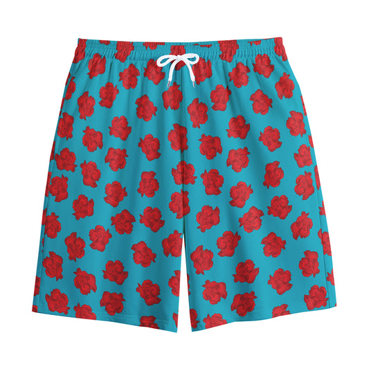 Red And Blue Carnation Pattern Print Cotton Shorts