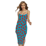 Red And Blue Carnation Pattern Print Cross Back Cami Dress