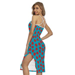 Red And Blue Carnation Pattern Print Cross Back Cami Dress