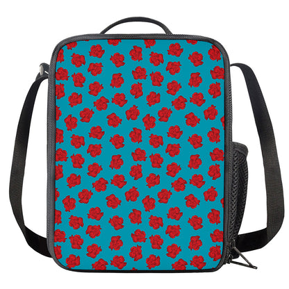 Red And Blue Carnation Pattern Print Crossbody Lunch Bag