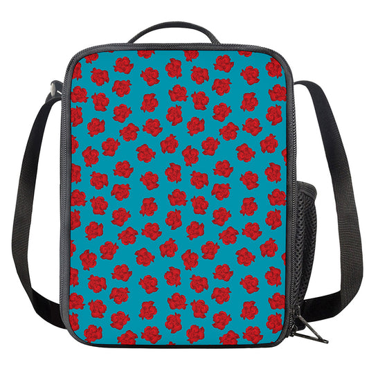 Red And Blue Carnation Pattern Print Crossbody Lunch Bag
