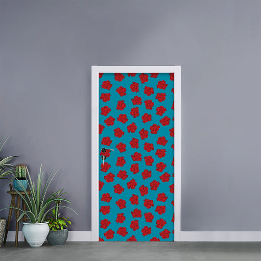 Red And Blue Carnation Pattern Print Door Sticker