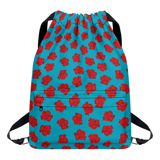Red And Blue Carnation Pattern Print Drawstring Backpack