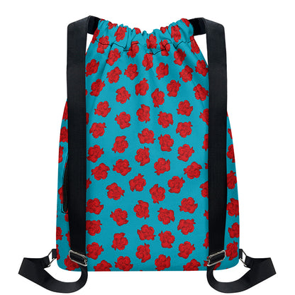 Red And Blue Carnation Pattern Print Drawstring Backpack
