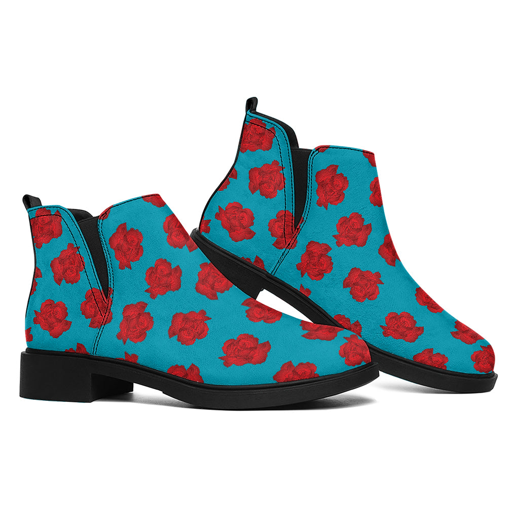 Red And Blue Carnation Pattern Print Flat Ankle Boots