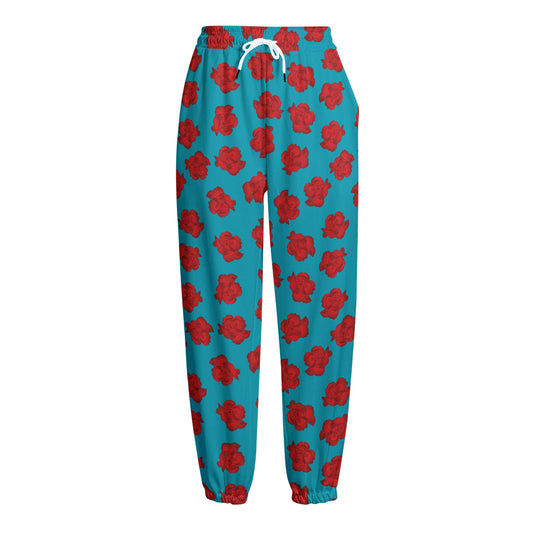 Red And Blue Carnation Pattern Print Fleece Lined Knit Pants