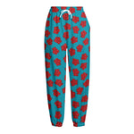 Red And Blue Carnation Pattern Print Fleece Lined Knit Pants