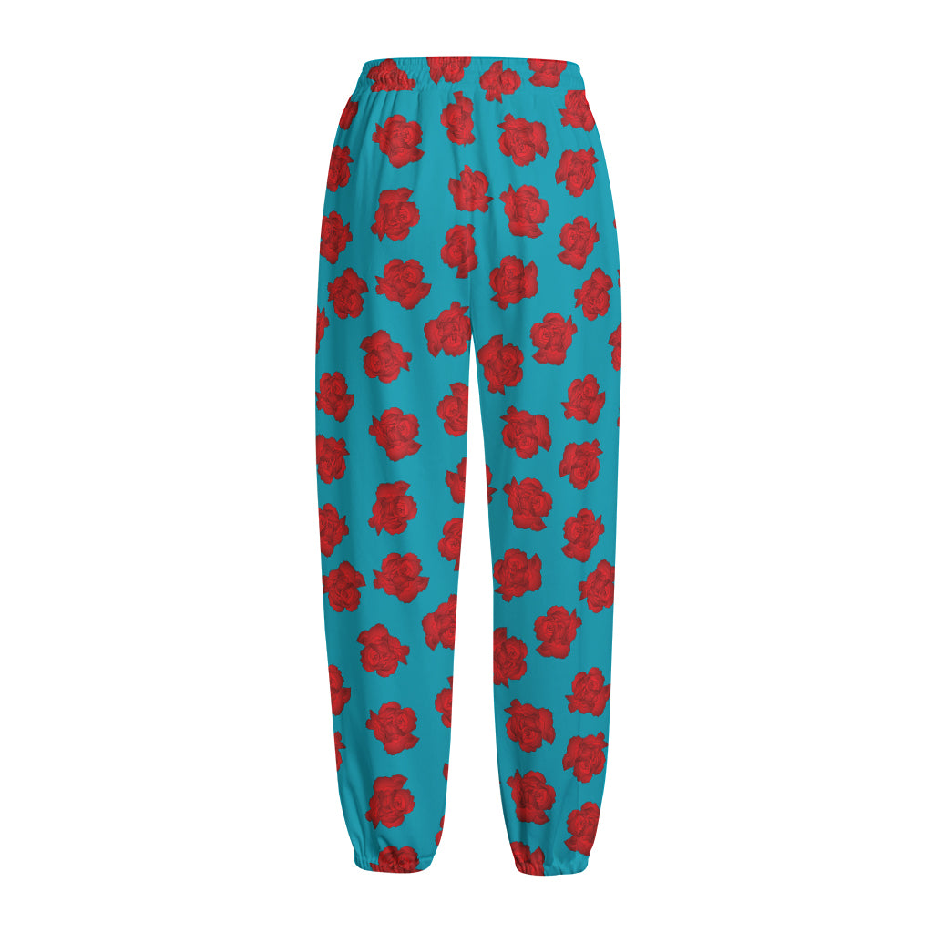 Red And Blue Carnation Pattern Print Fleece Lined Knit Pants