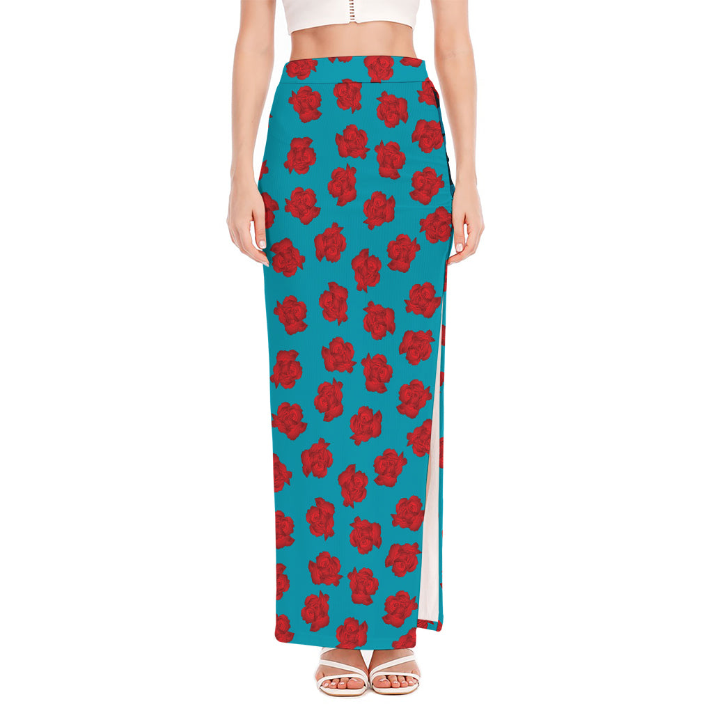 Red And Blue Carnation Pattern Print High Slit Maxi Skirt