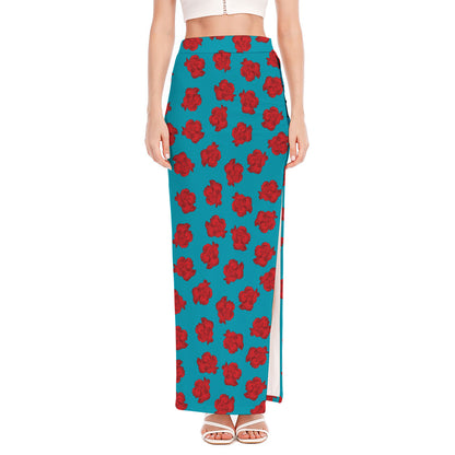 Red And Blue Carnation Pattern Print High Slit Maxi Skirt