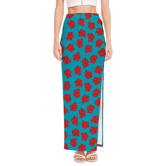 Red And Blue Carnation Pattern Print High Slit Maxi Skirt