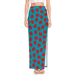 Red And Blue Carnation Pattern Print High Slit Maxi Skirt
